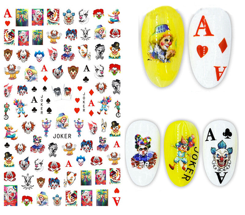 Joker Poker Card Nail Stickers Self-Adhesive Clown Design for Nails