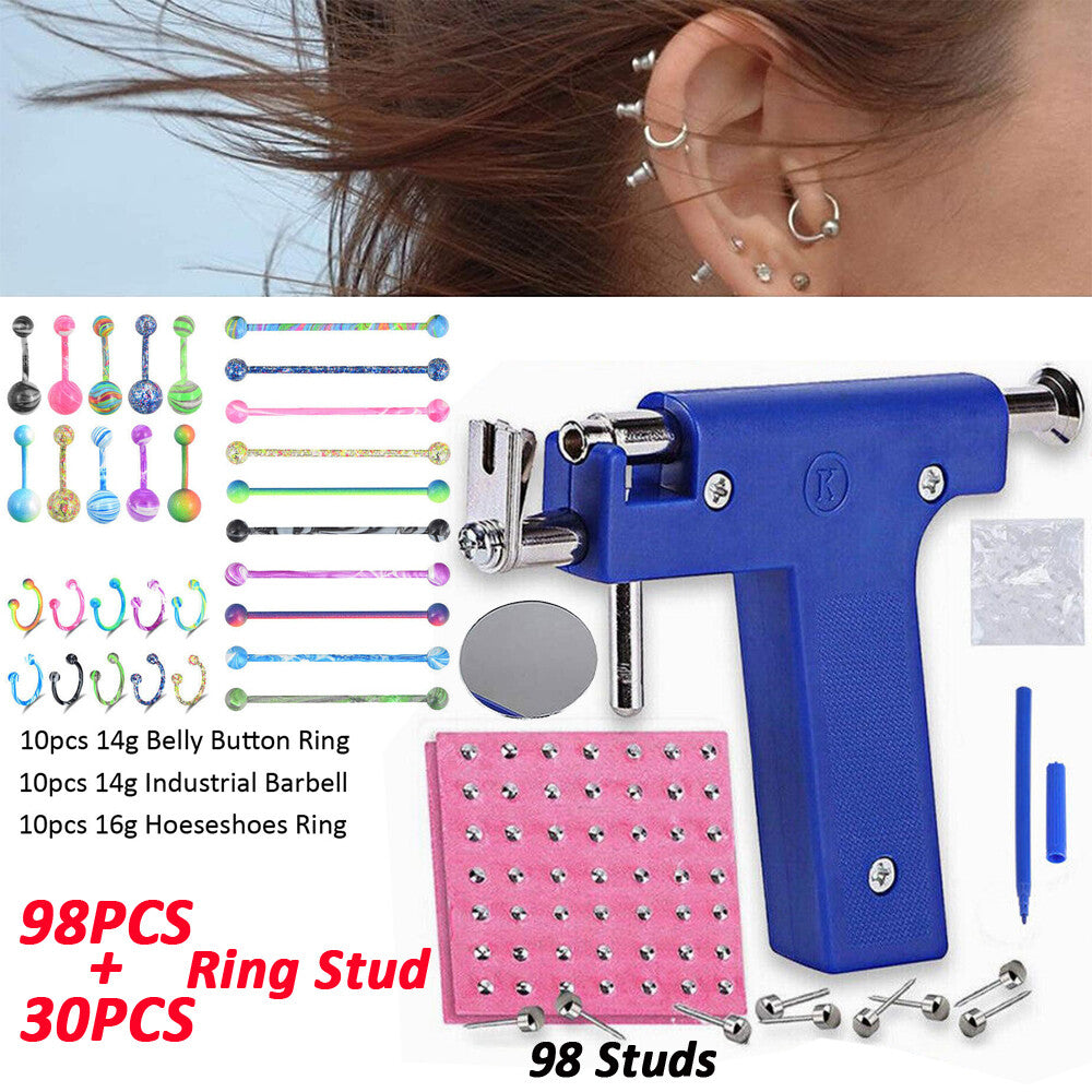 Body Piercing Gun Kit 131Pcs Stainless Steel Ear Nose Belly Button Ring Set 14G 16G