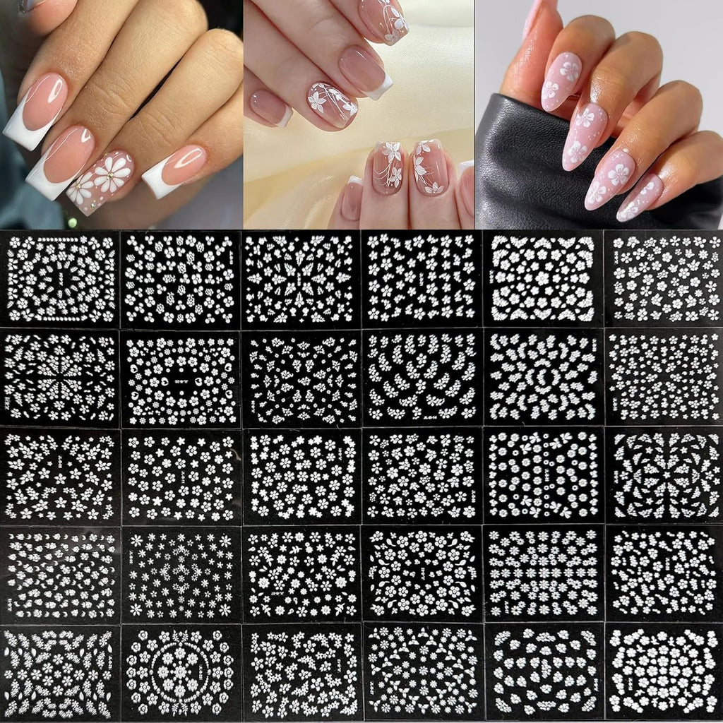 White Flower Nail Art Stickers with Rhinestones - 30 Sheets Self-Adhesive 3D Design