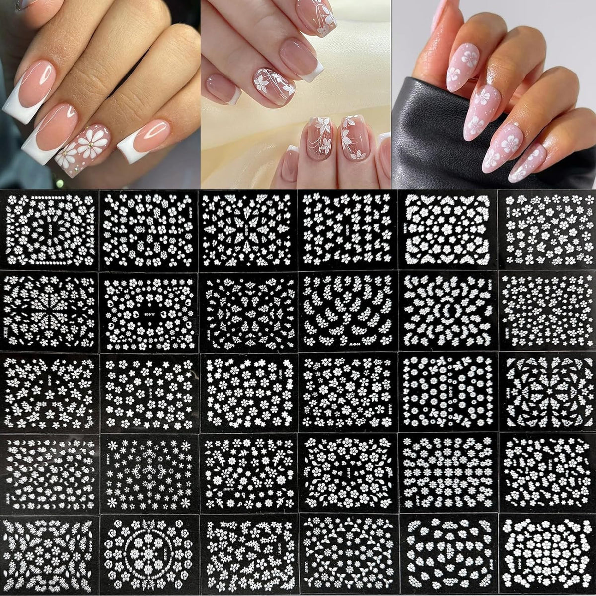 White Flower Nail Art Stickers with Rhinestones - 30 Sheets Self-Adhesive 3D Design