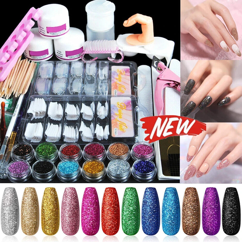 Acrylic Nail Kit with Glitter & Tools for Manicure Art - Tips, Powder, Brush Set