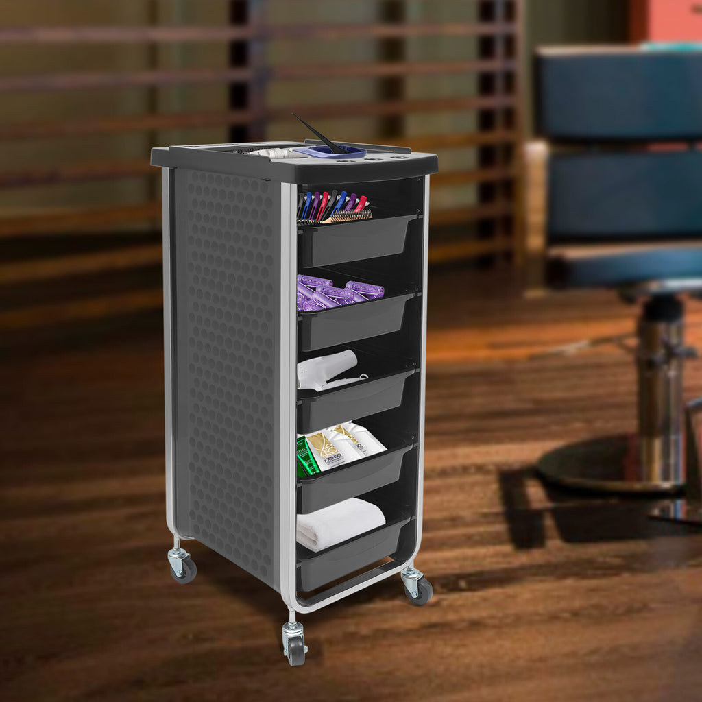 Salon Trolley Cart with 5 Drawers and Dryer Holder - Black Professional Organizer