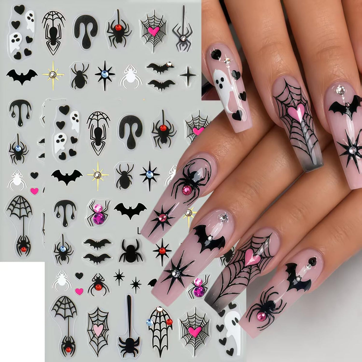 Halloween Nail Stickers Set - 6 Sheets Bat Spider Spider Web Multicolor