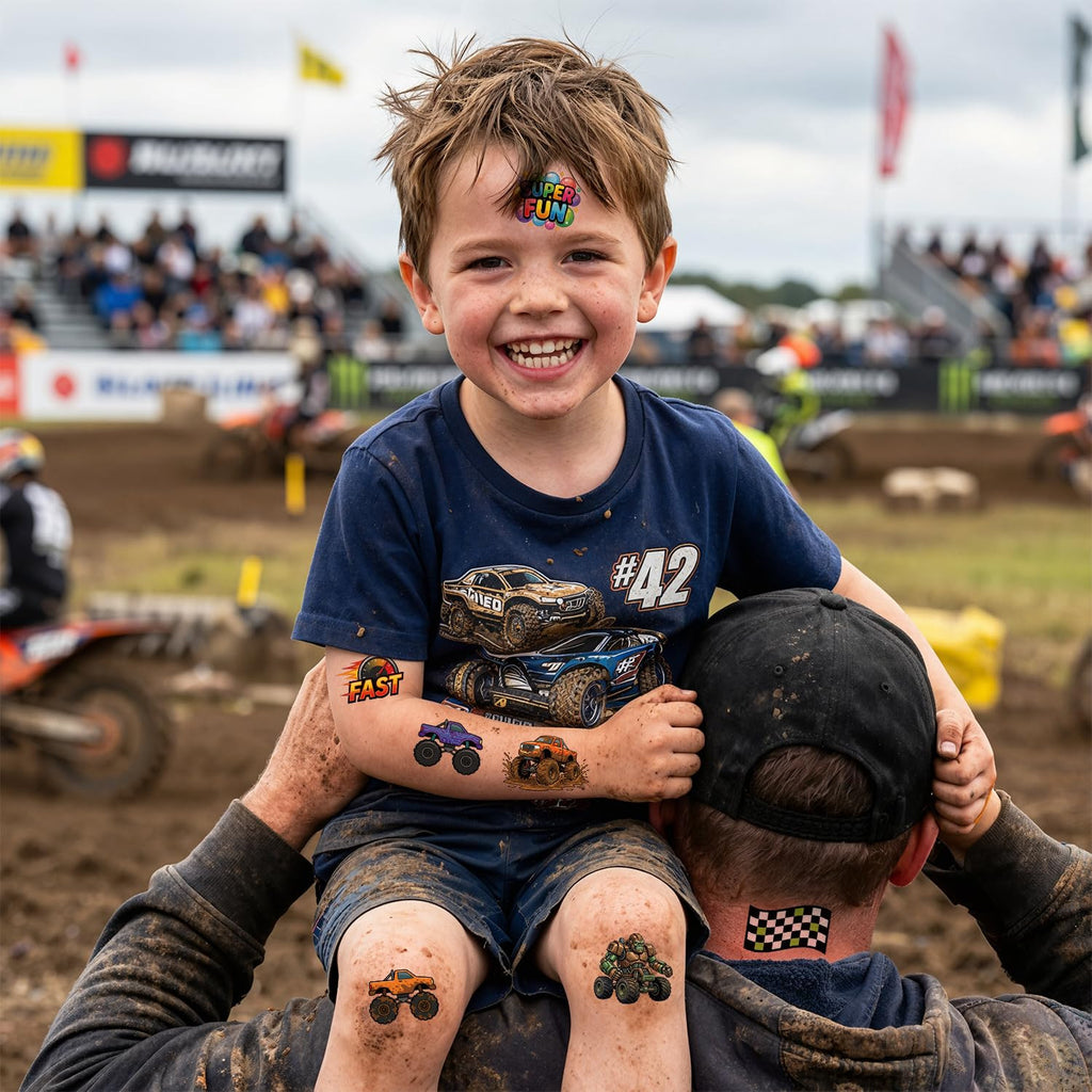 Monster Truck Temporary Tattoos for Kids Age 4-7 – Pre-Cut, No Scissors Needed