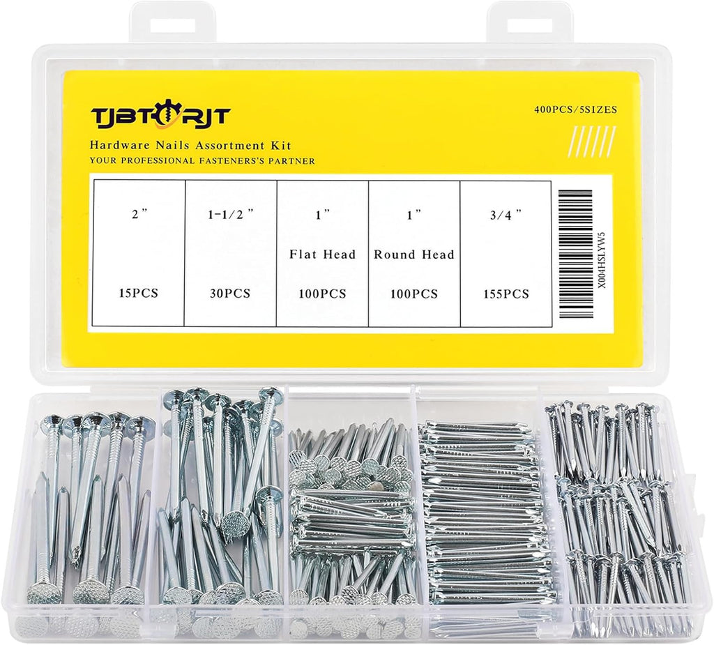 400Pcs Nail Assortment Kit with 5 Sizes Galvanized Wood & Finishing Nails for DIY & Repairs
