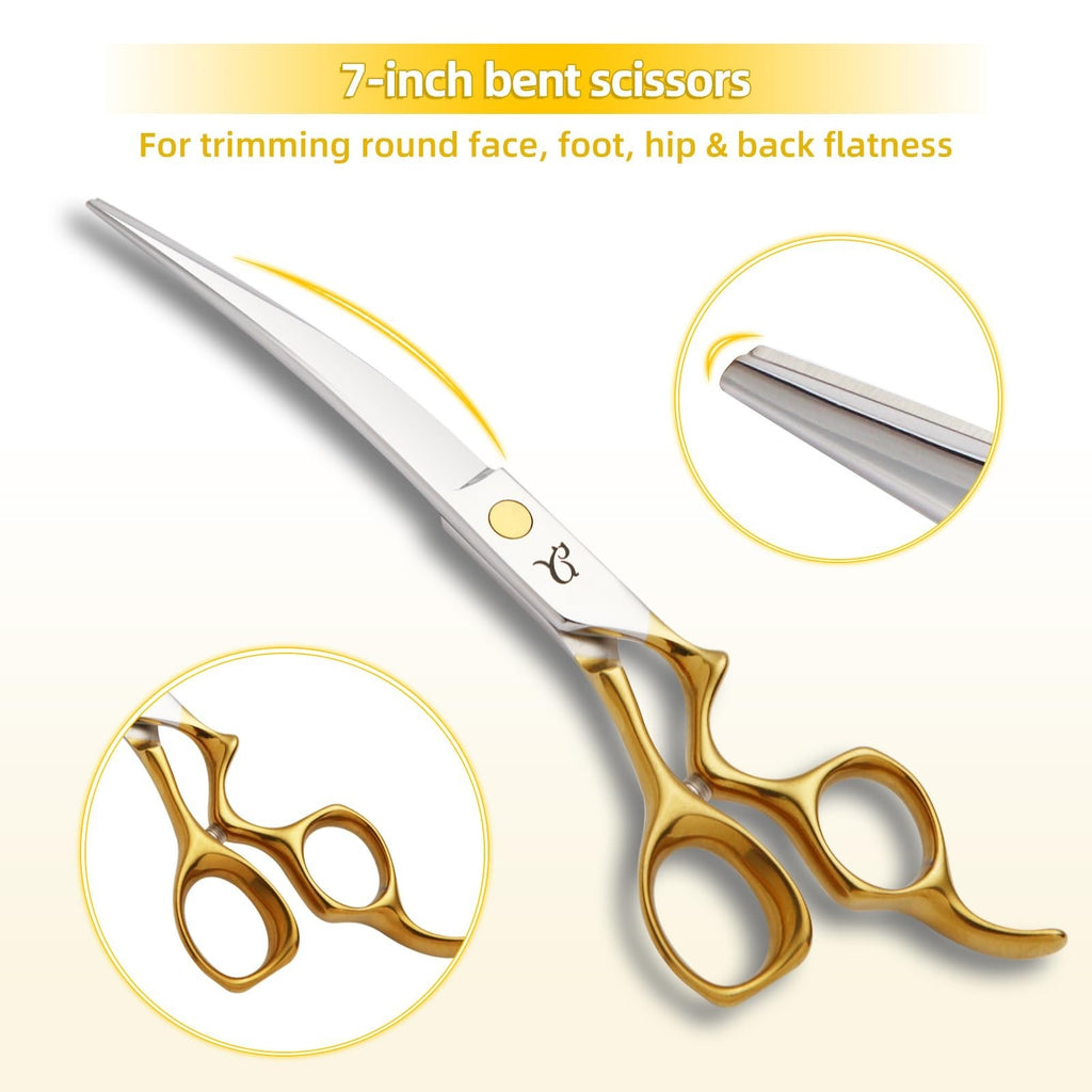 Dog Grooming Scissors Set with Curved Shears & Safety Tips - 4 in 1 Stainless Steel Kit