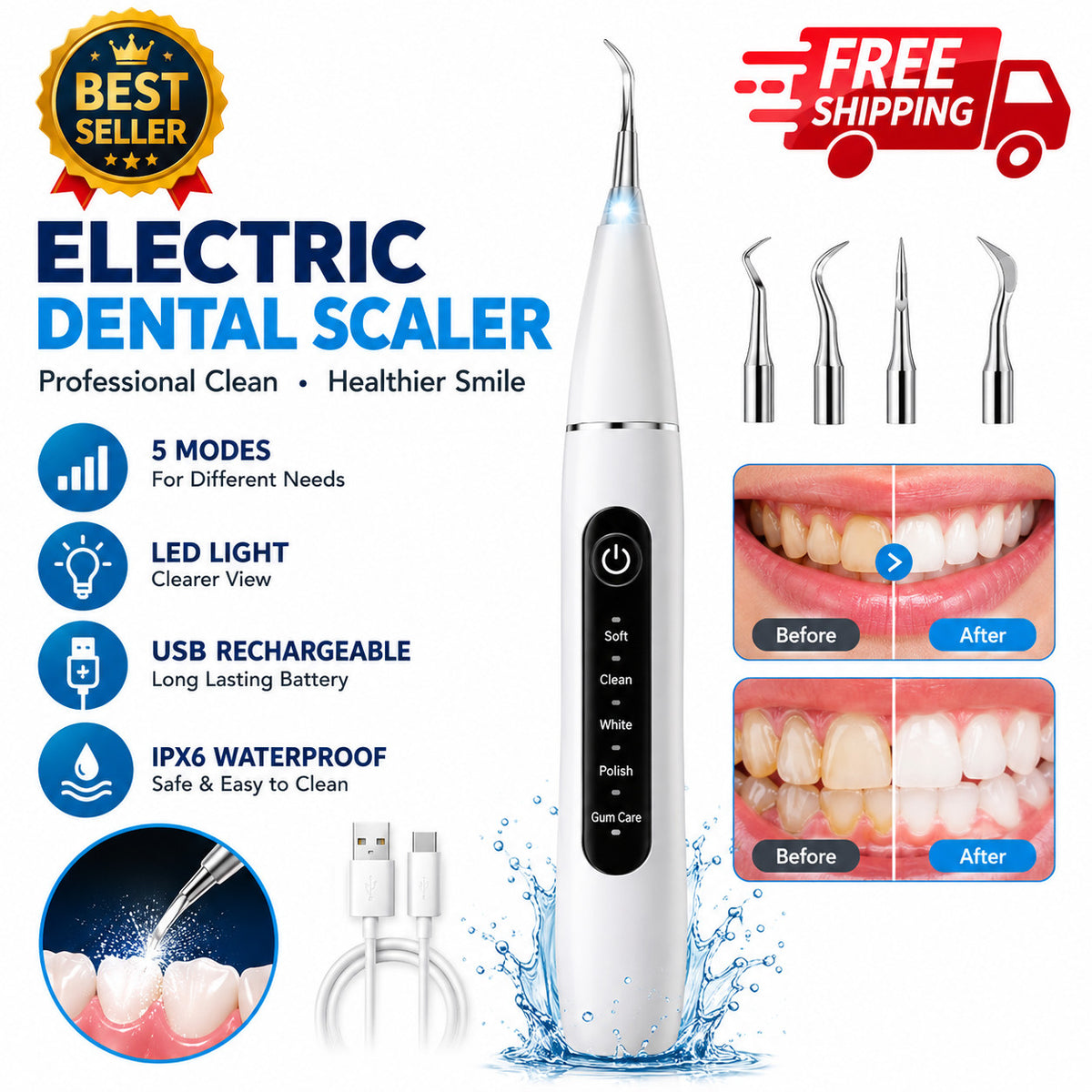 Electric Dental Scaler with 5 Modes, LED Light & USB Rechargeable