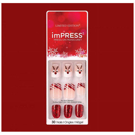 Press On Holiday Nails Reindeer & Candy Cane Design No Glue Short Manicure