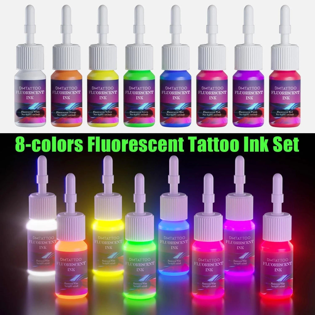8-Color Fluorescent Tattoo Ink Set - 5ml Each, Skin-Safe Permanent Inks for UV Glow