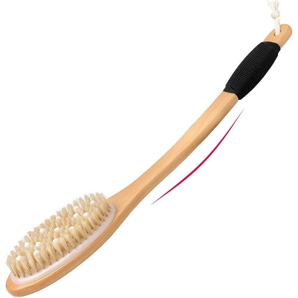 Wood Curved Bath Brush with Long Handle for Back Exfoliation