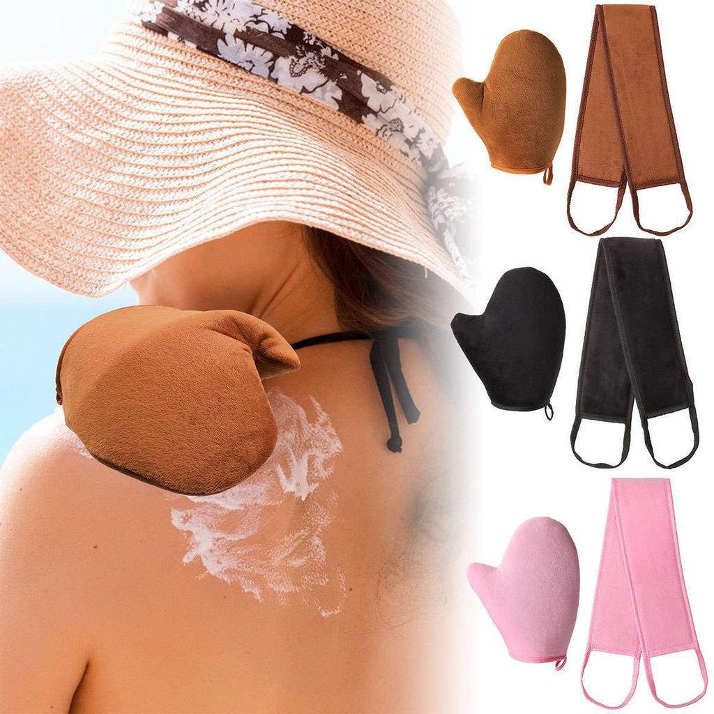 Self Tanning Lotion Applicator Mitt & Back Rubbing Strap Set for Even Sunless Tan