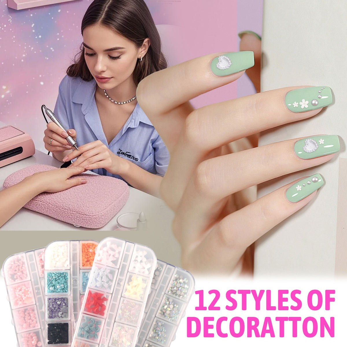 Nail Charms Set with 3D Flowers Gems Pearls Rhinestones DIY Kit