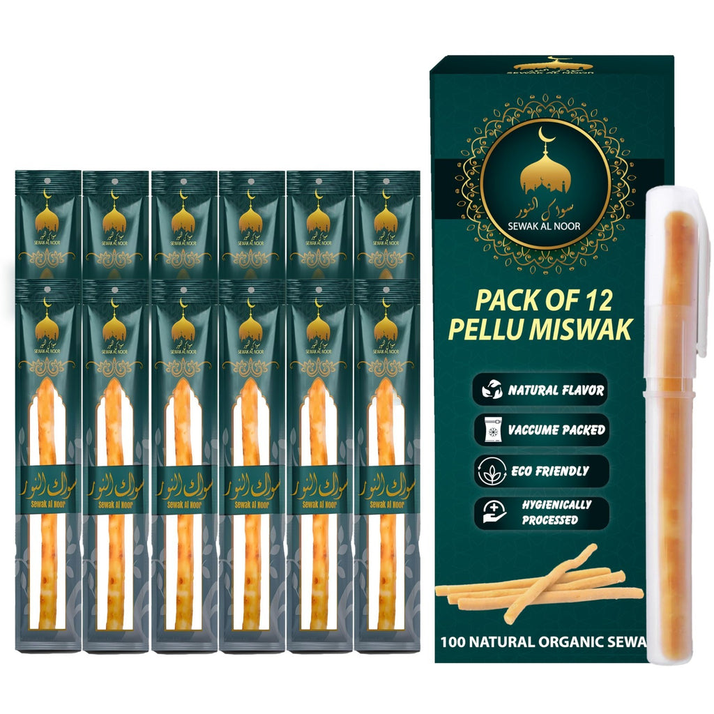 Natural Miswak Tooth Sticks with Holder - Organic Oral Care Set, Pack of 12