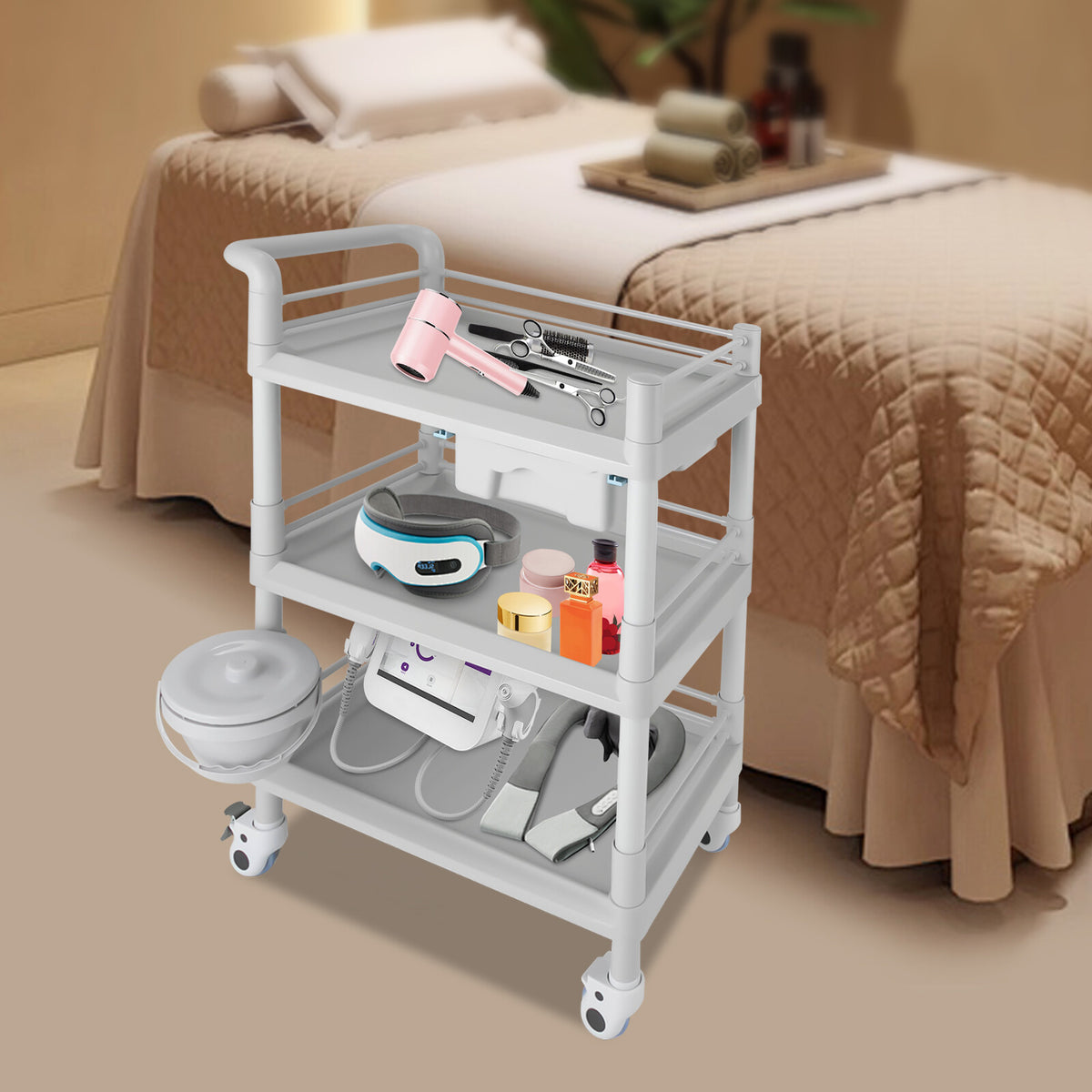 Grey 3-Tier Salon Cart with Wheels - ABS Rolling Tool Organizer