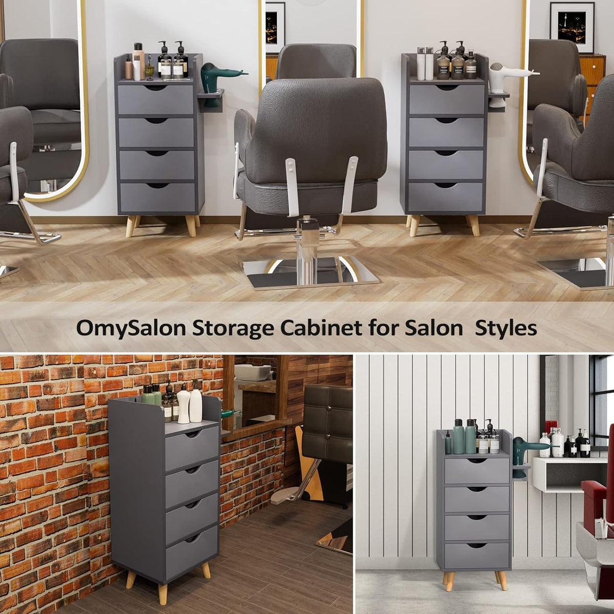 4-Layer Salon Storage Cabinet for Hair Stylist Stations Grey