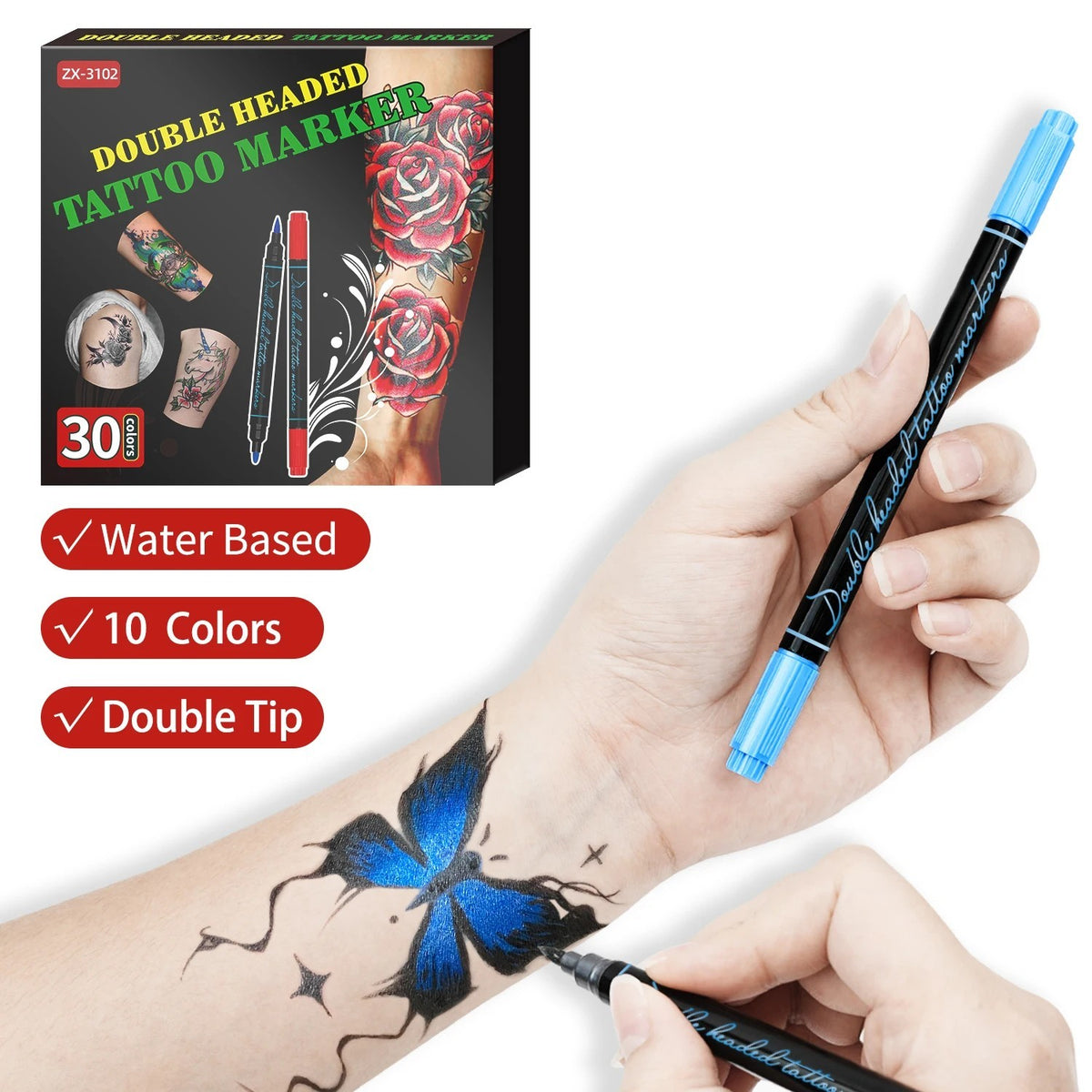 Dual-Tip Temporary Tattoo Marker Set – 10 Skin-Safe Body Art Pens