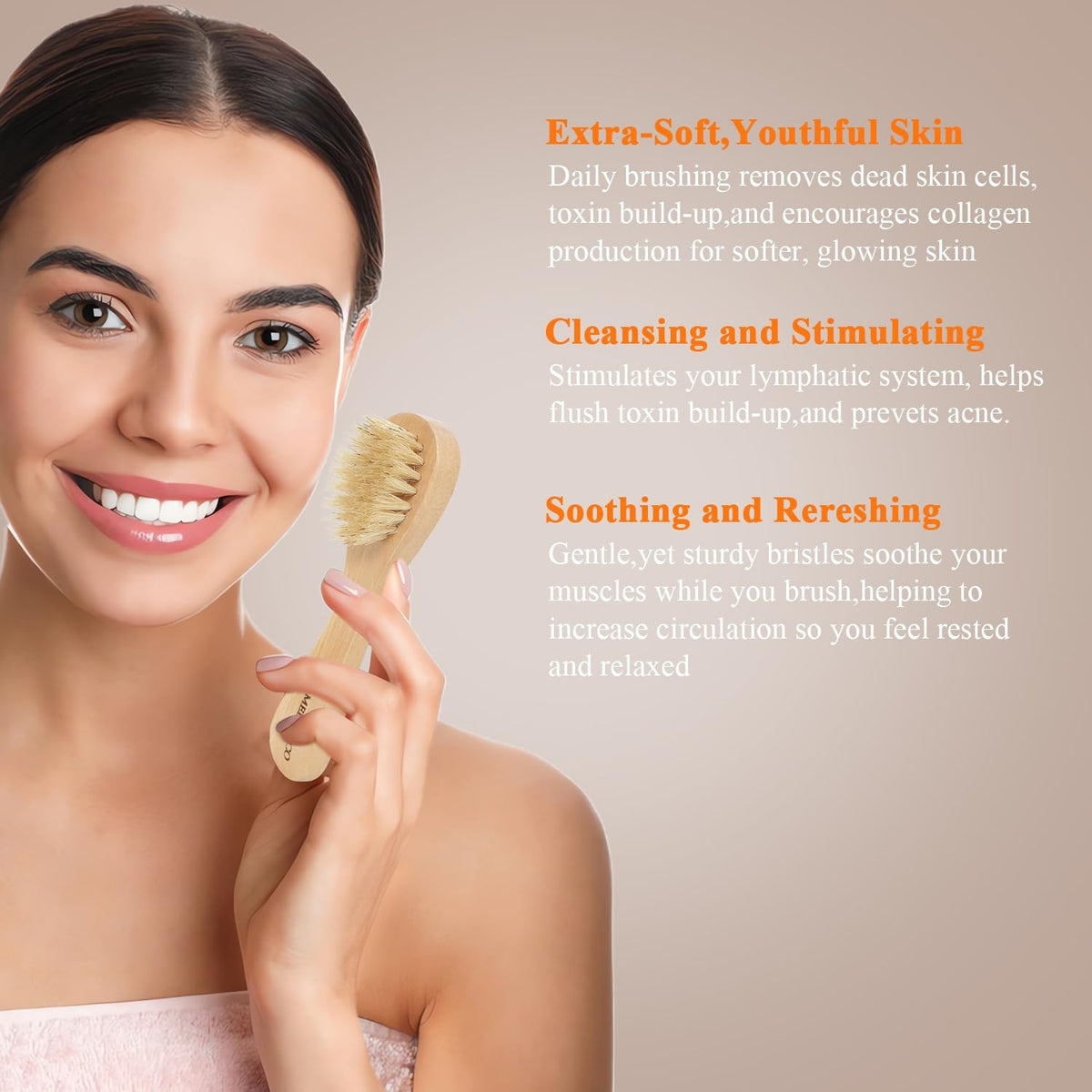 Dry Body Brush Set with Long Handle and Natural Boar Bristles for Face & Body