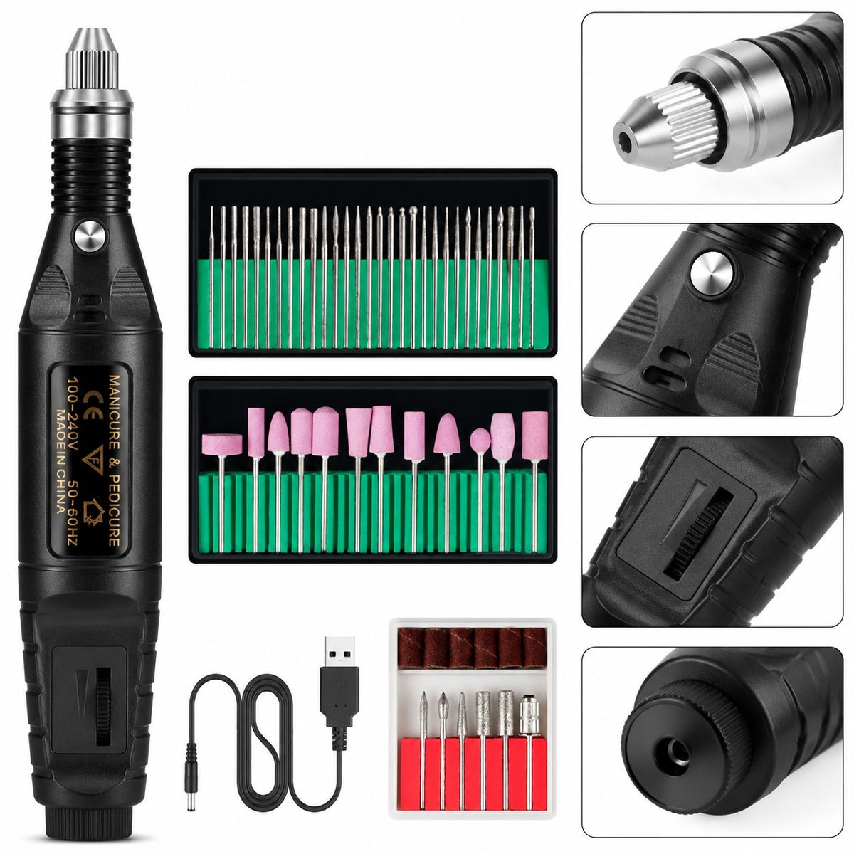 Electric Nail Grinder Set for Thick Toenails Manicure Pedicure with USB Power