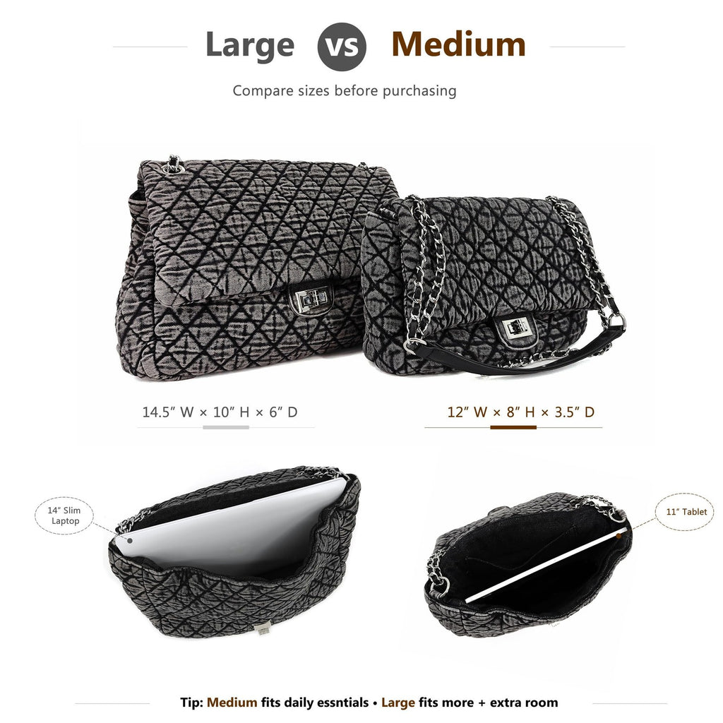 Quilted Denim Shoulder Bag for Women - Crossbody Hobo Purse with Silver Chain