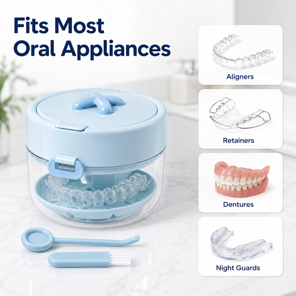 3-in-1 Denture Cleaner Case with Mirror & Cleaning Tools - Portable Leak-Proof Storage