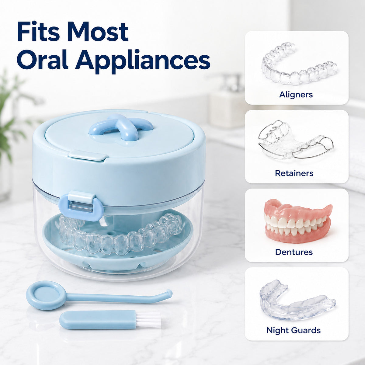 3-in-1 Denture Cleaner Case with Mirror & Cleaning Tools - Portable Leak-Proof Storage