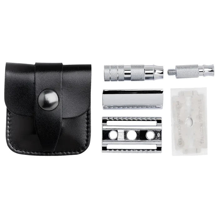 Travel Safety Razor with Leather Case - Double Edge, Compact & German Made
