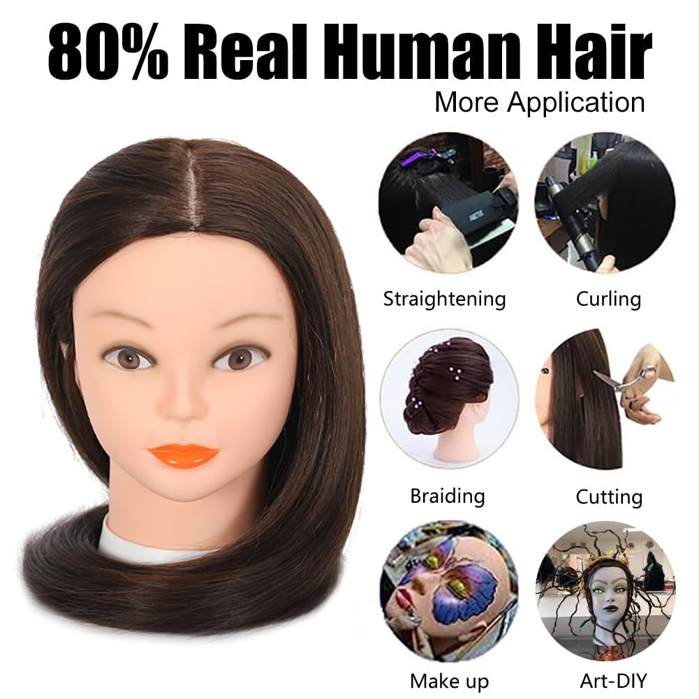 Human Hair Mannequin Head for Hair Styling Practice, Dark Brown, 26-28 Inch