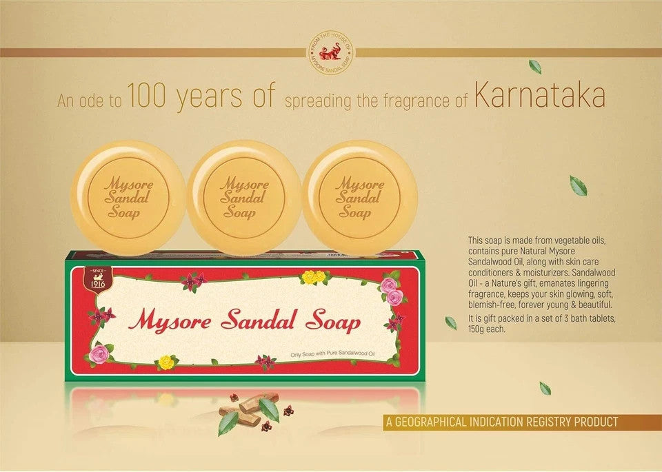 Mysore Sandal Soap 150g Pack of 3 - Natural Moisturizing Bar for Glowing Skin