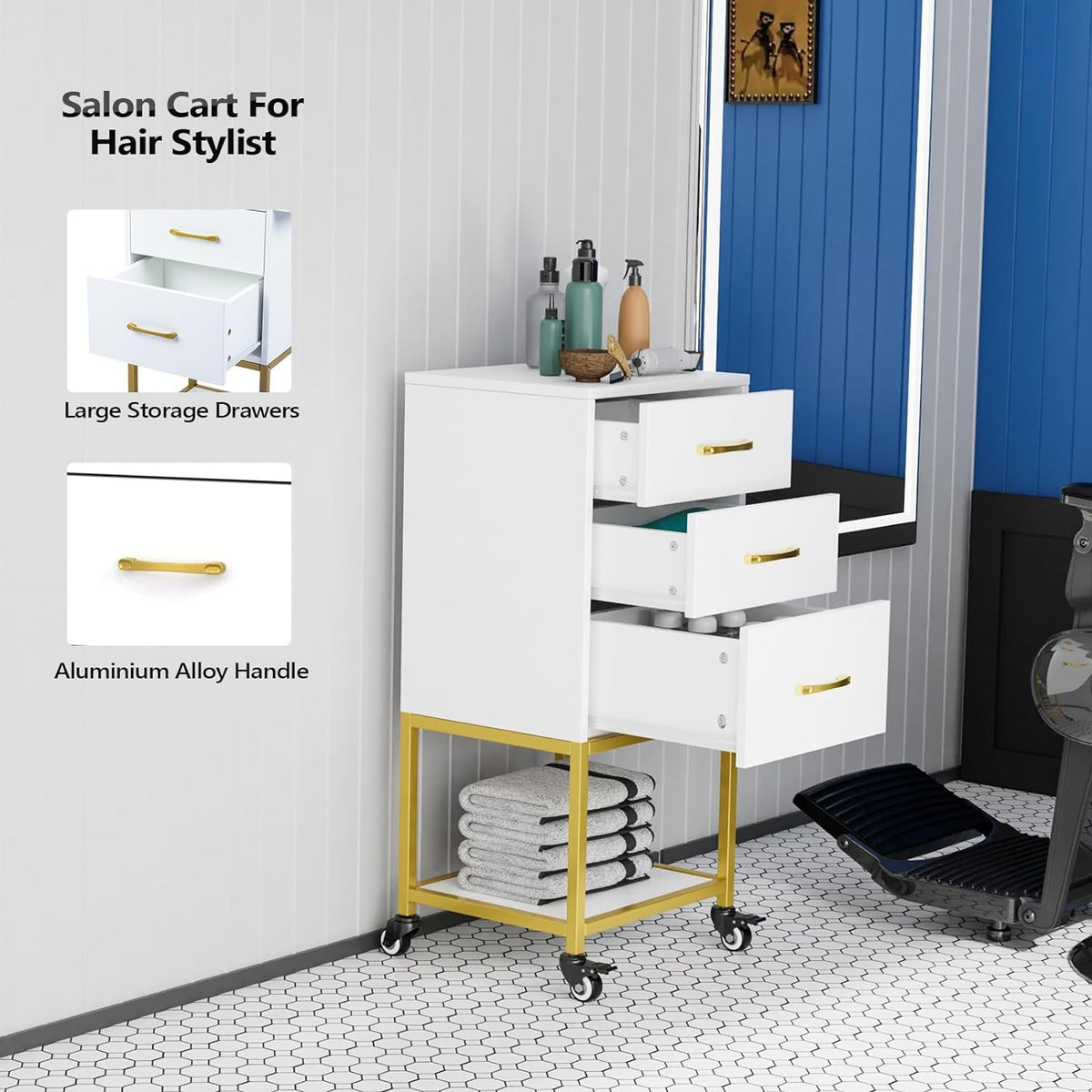 Salon Trolley Cart with 3 Drawers and Heat-Resistant Tool Holders for Stylists