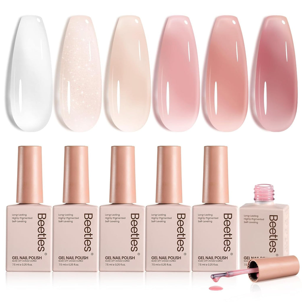 Gel Nail Polish Set - 6 Sheer Milky Pink Nude Jelly Colors for Long-Lasting Manicure