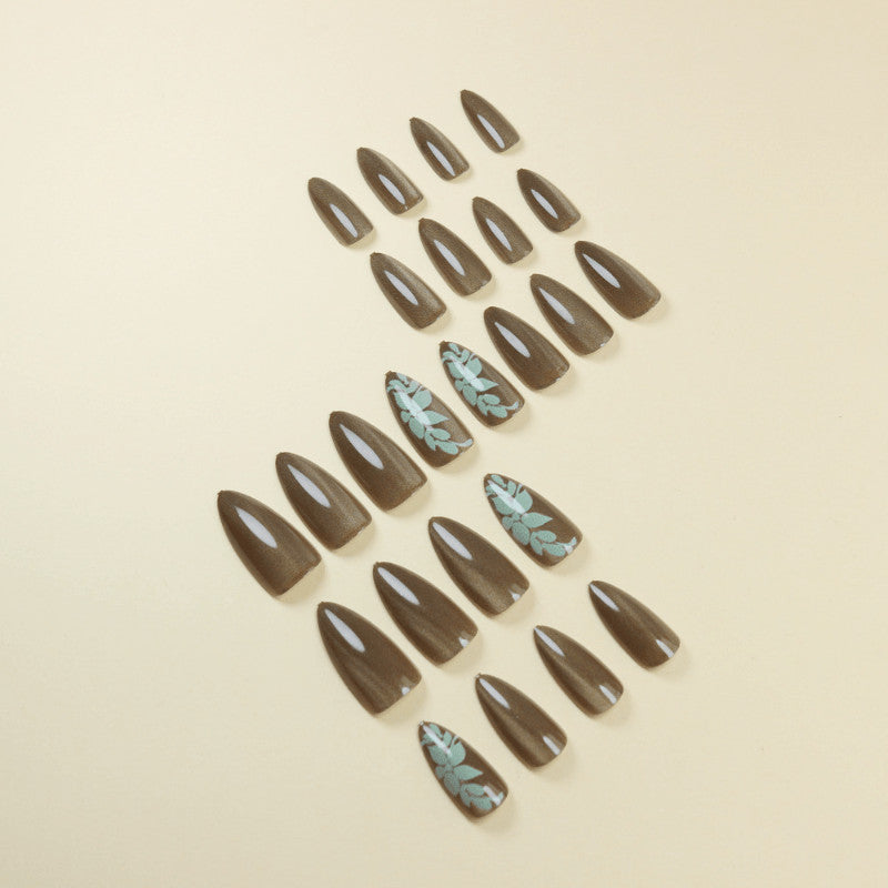 48Pcs Long Almond Green Cat Eye Floral Pearl Fake Press-On Nails Set