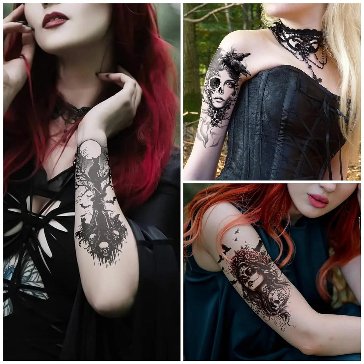 Witch Temporary Tattoos 77 Sheet Set - Skeleton Skull Bats Cauldrons Black Cats For Adults