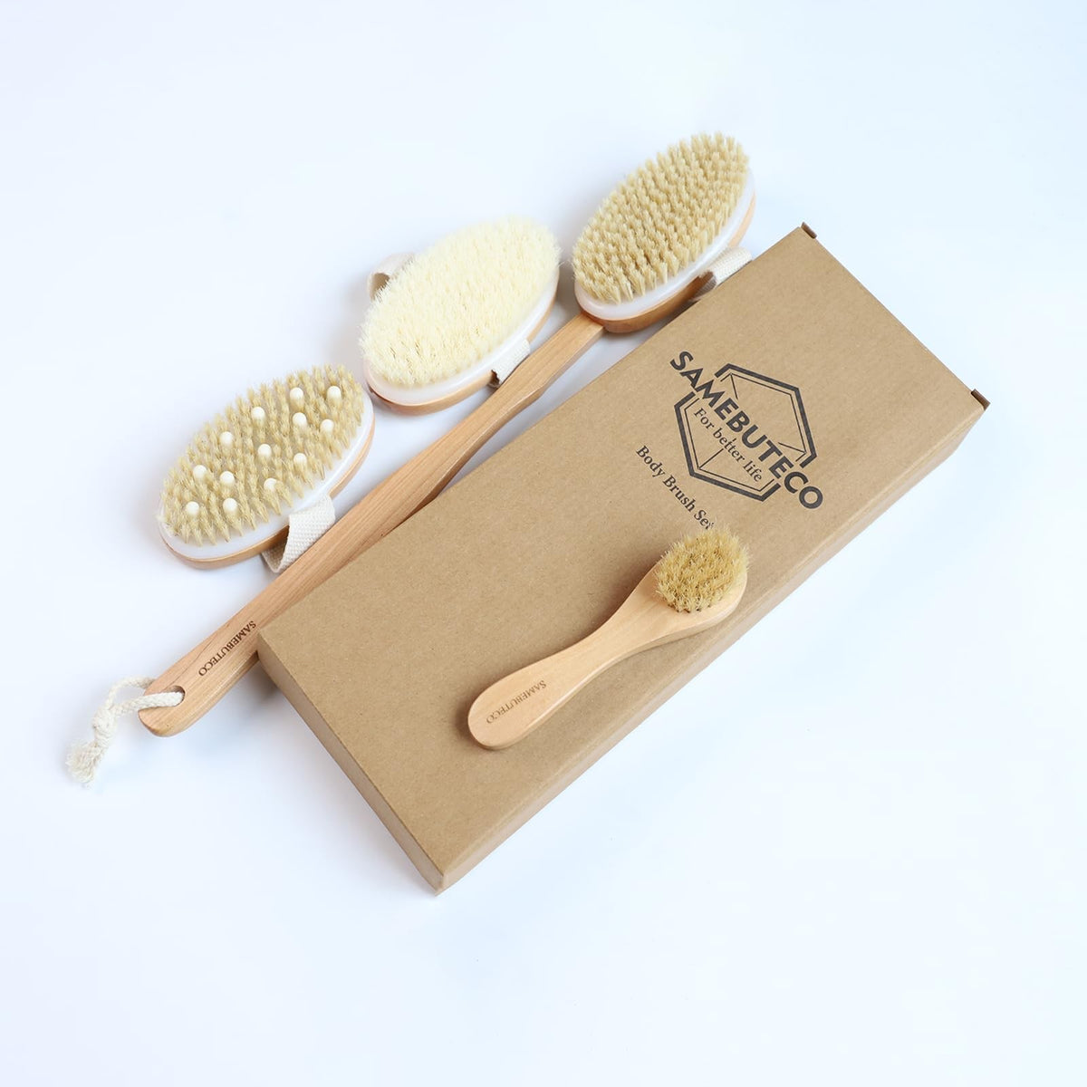 Dry Body Brush Set with Long Handle and Natural Boar Bristles for Face & Body