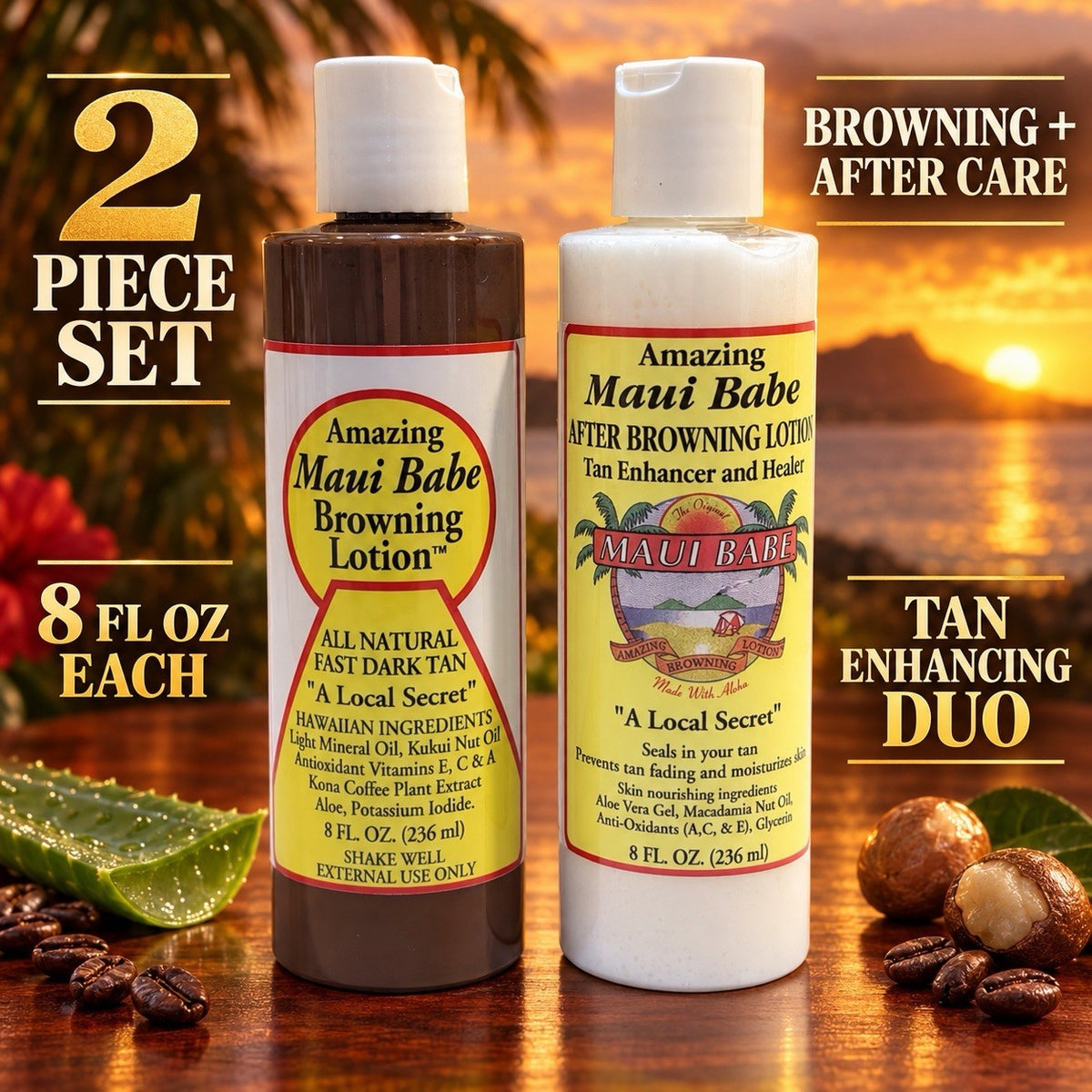 Maui Babe Browning & After Browning Lotion Set 8 Oz Each Tanning Oil & After Sun Care