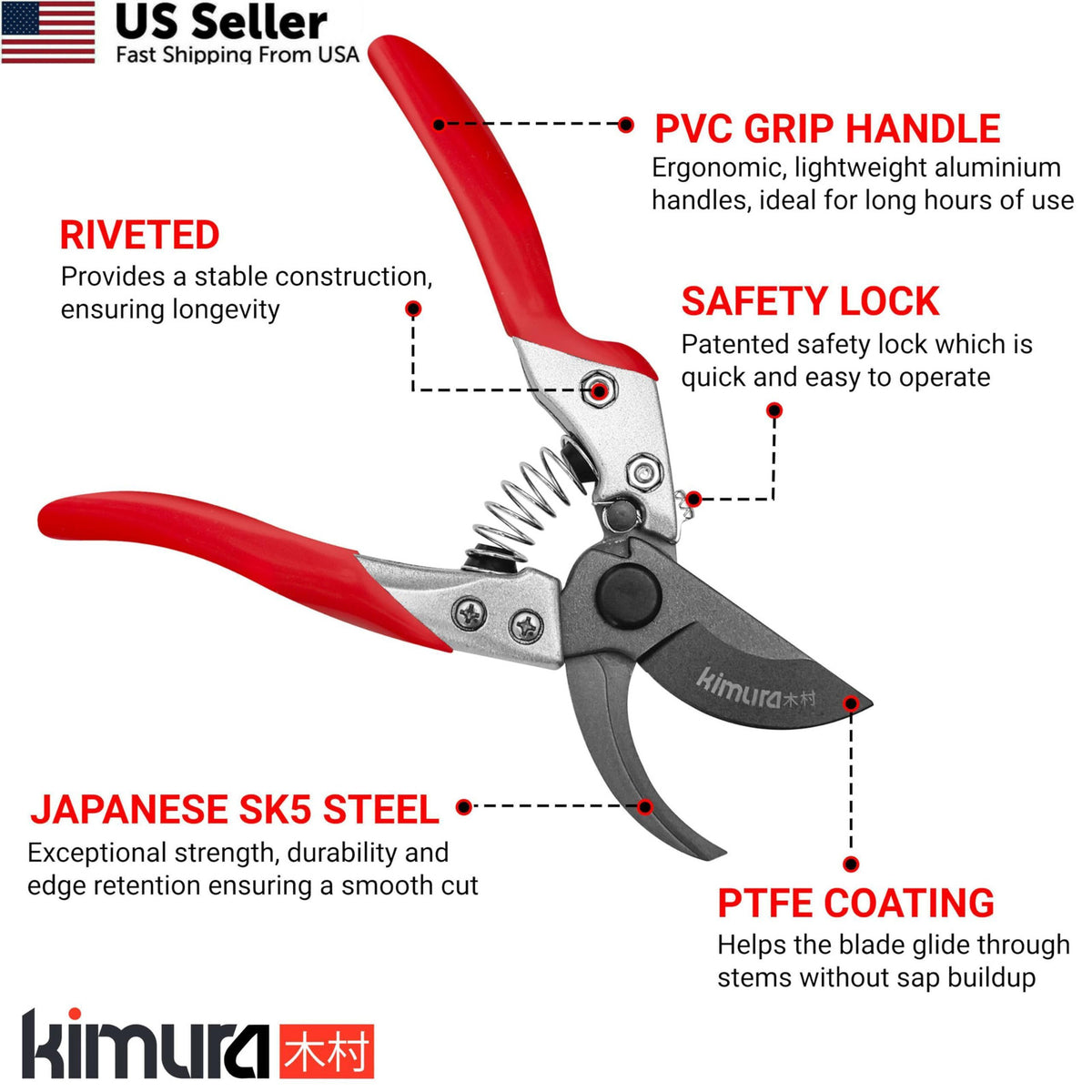 Heavy Duty Pruning Shears - 8 Inch Japanese SK5 Steel Garden Clippers