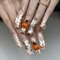Plaid Pumpkin Fake Nails with Floral Leaf & Gold Wire - Press On Nails