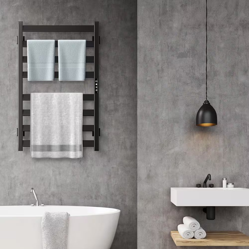 Electric Wall-Mounted Towel Warmer with 8 Bars - Black, Plug-In & Hardwired