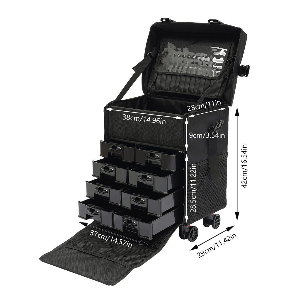 Travel Makeup Case with Wheels, 8 Removable Drawers, Waterproof Oxford