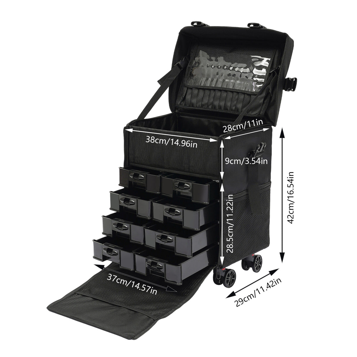 Travel Makeup Case with Wheels, 8 Removable Drawers, Waterproof Oxford