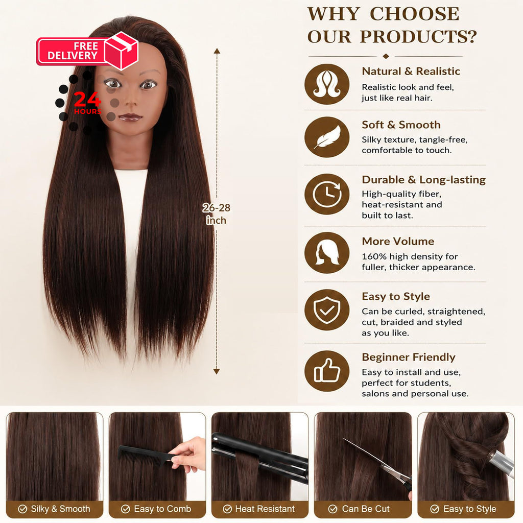 28-Inch Synthetic Hair Mannequin Head for Hair Styling & Cosmetology Practice