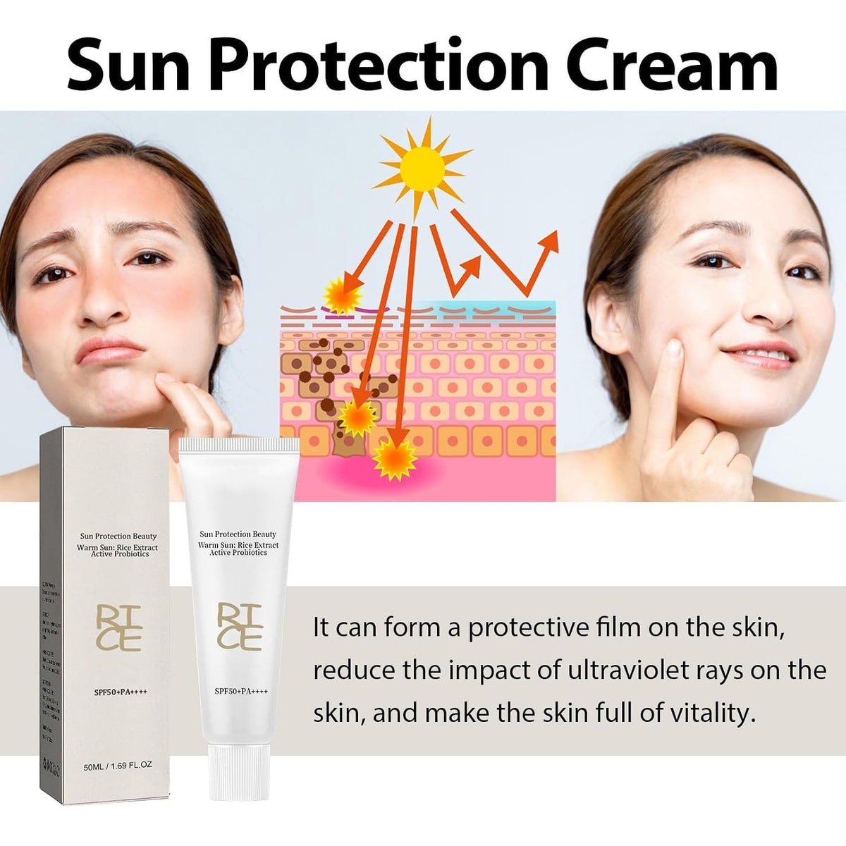 SPF50+ PA++++ Rice Face Sunscreen - Hydrating & Non-Greasy UV Protection