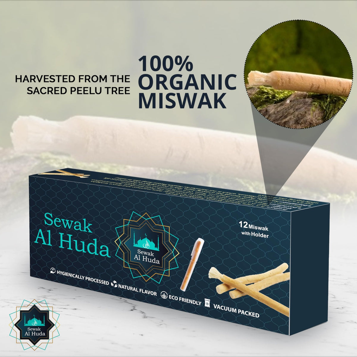 Natural Miswak Tooth Sticks with Holder - Pack of 12 for Oral Hygiene