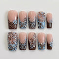 Handmade Press On Nails Set with Rhinestones and Floral Swirl Design