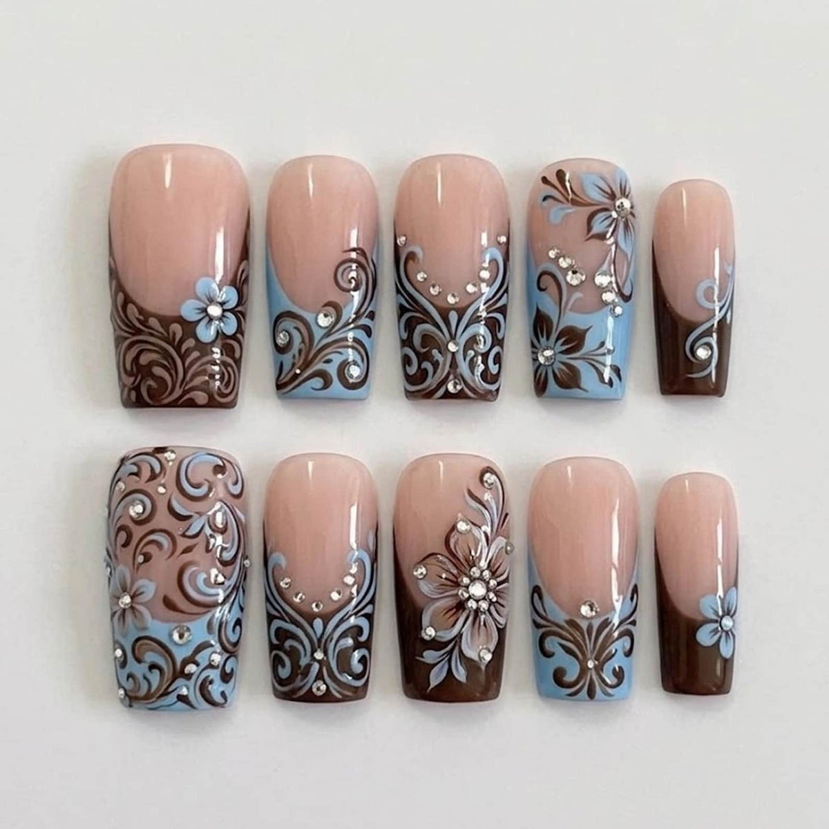 Handmade Press On Nails Set with Rhinestones and Floral Swirl Design