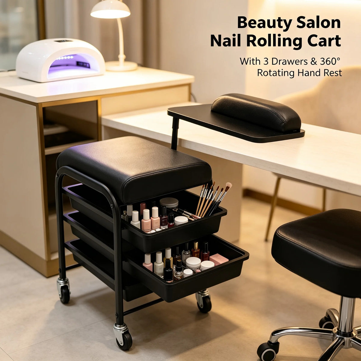 Salon Storage Trolley Cart with 3 Drawers & 360° Rotating Hand Rest - Professional Nail & Beauty Station
