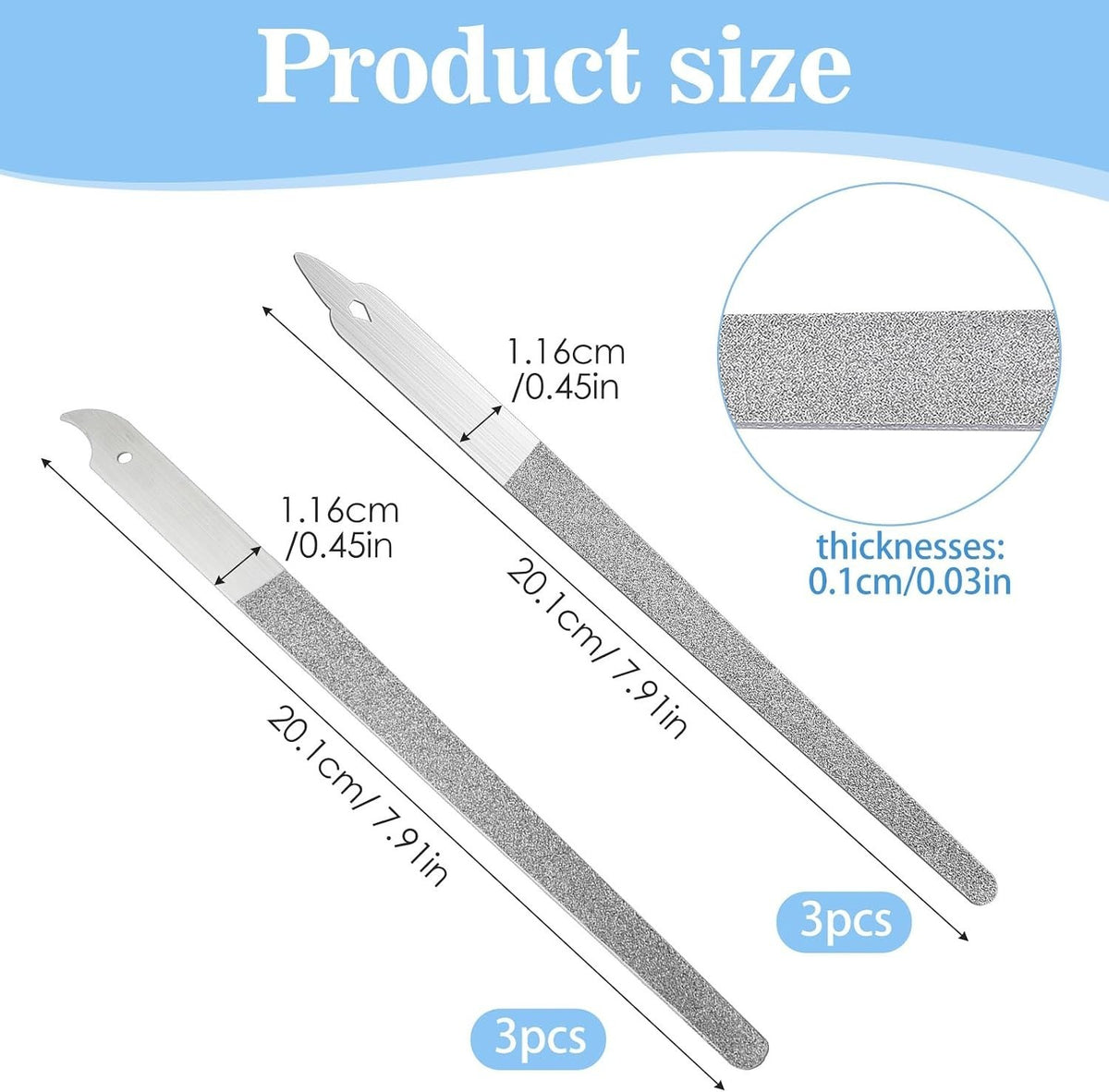 6Pcs Stainless Steel Nail Files Set with Sharp Pointed Tips - Diamond Dust Double-Sided Manicure Tools