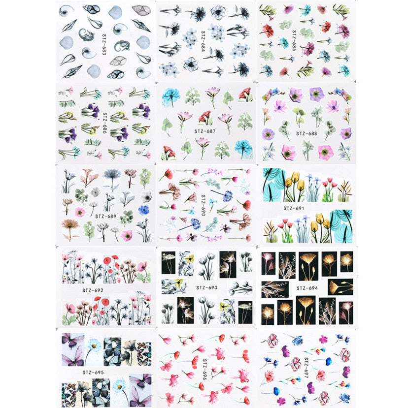 Water Transfer Nail Art Stickers Flower Butterfly Seashell Decals Set - Multiple Sizes