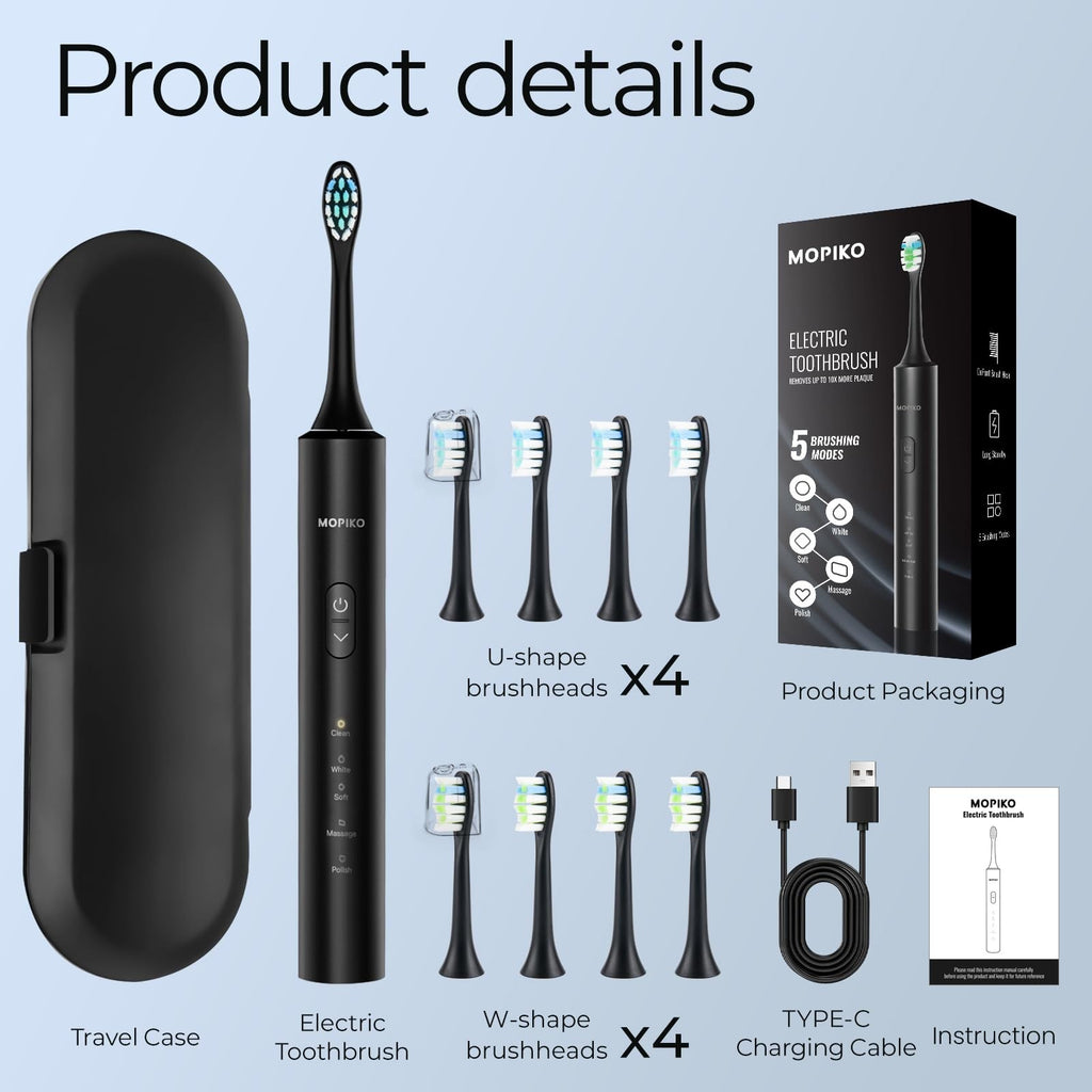 Electric Sonic Toothbrush for Adults 5 Modes 8 Brush Heads Portable & Waterproof