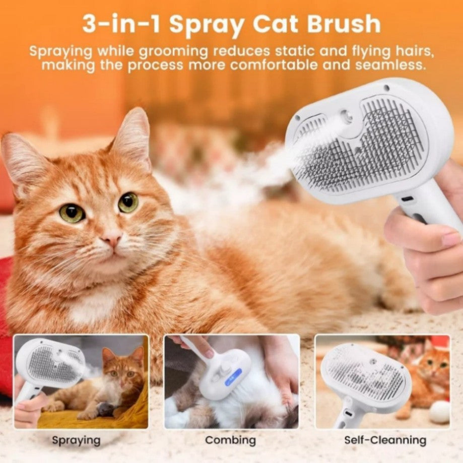 Electric Pet Steam Brush for Cats and Dogs - 3-in-1 Grooming, De-shedding & Massaging