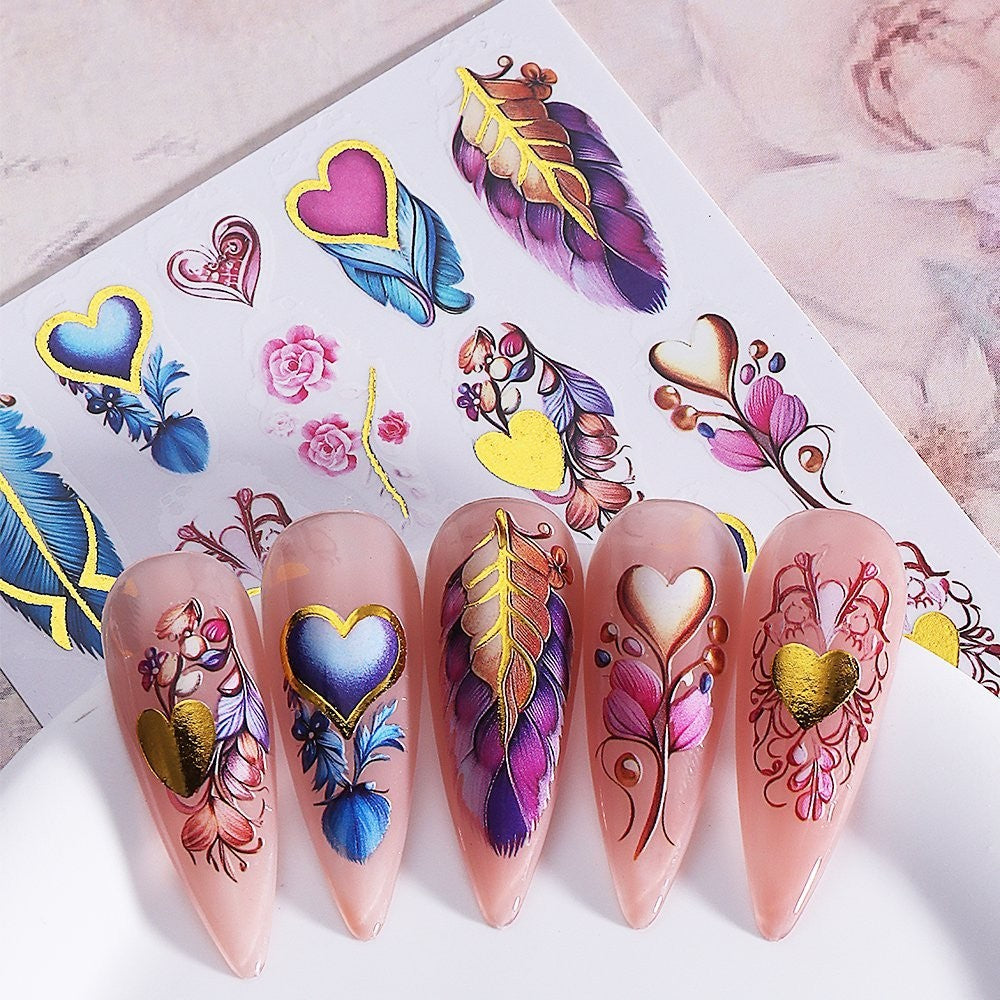 Feather and Heart Nail Art Stickers - Self-Adhesive Decorative Decals for Nails